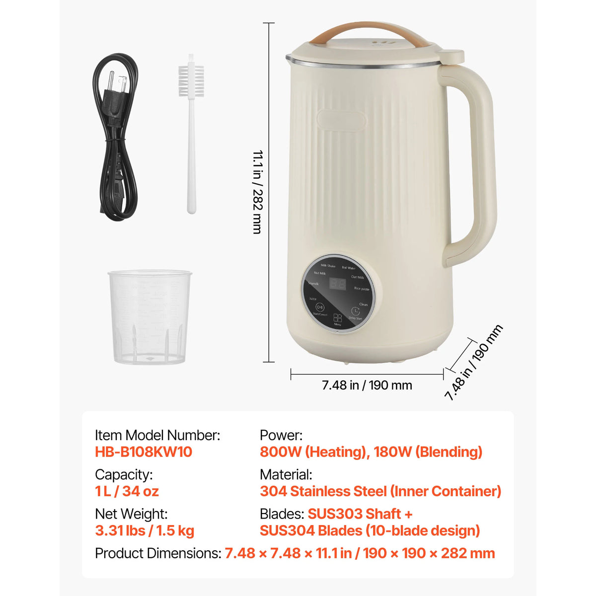 Vevor 8-In-1 Electric Nut Milk Maker With Auto Clean Cycle