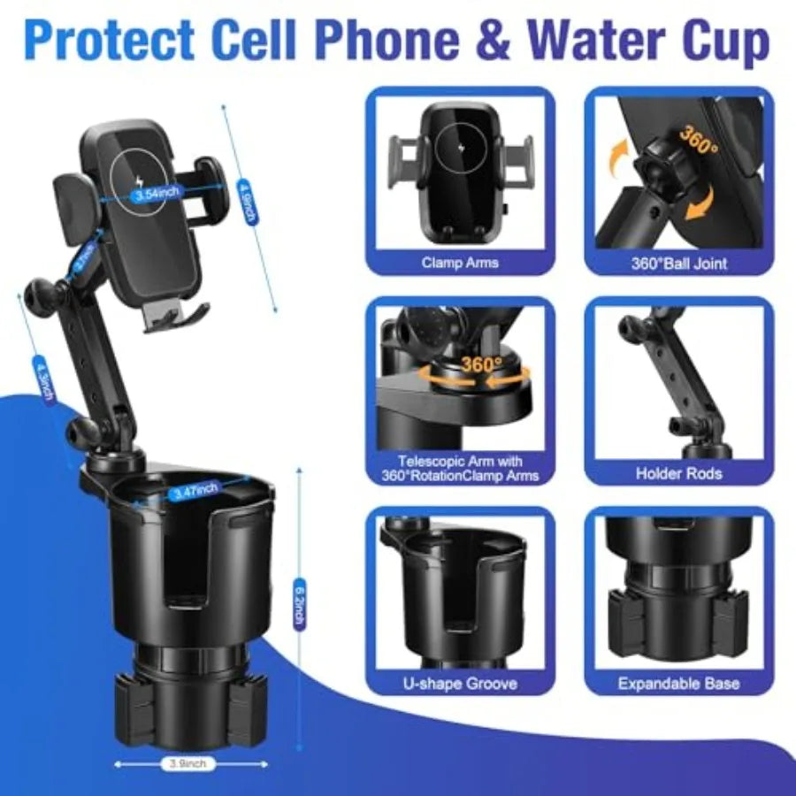 15W Wireless Car Cup Holder Phone Charger With Auto Clamping