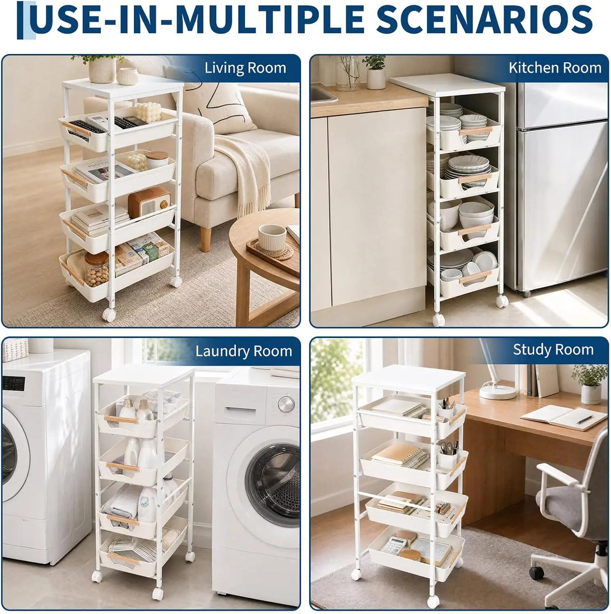 HiMiss 5 Tier Rolling Storage Cart With Wooden Top Shelf