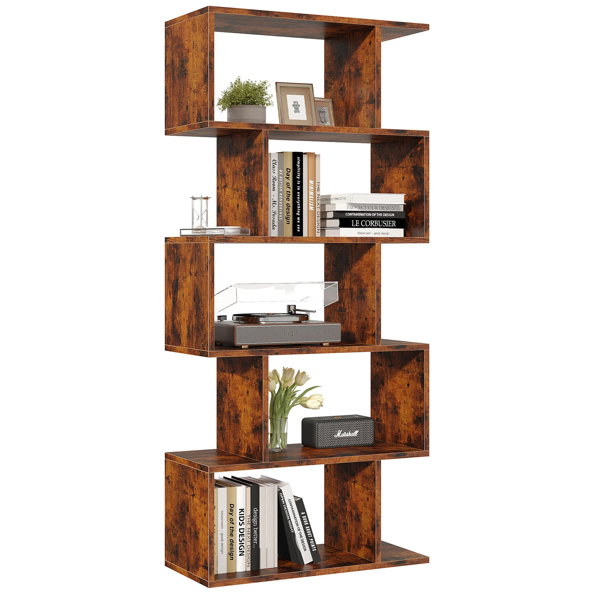 JHK Modern Five Tier S Shape Wooden Geometric Bookcase