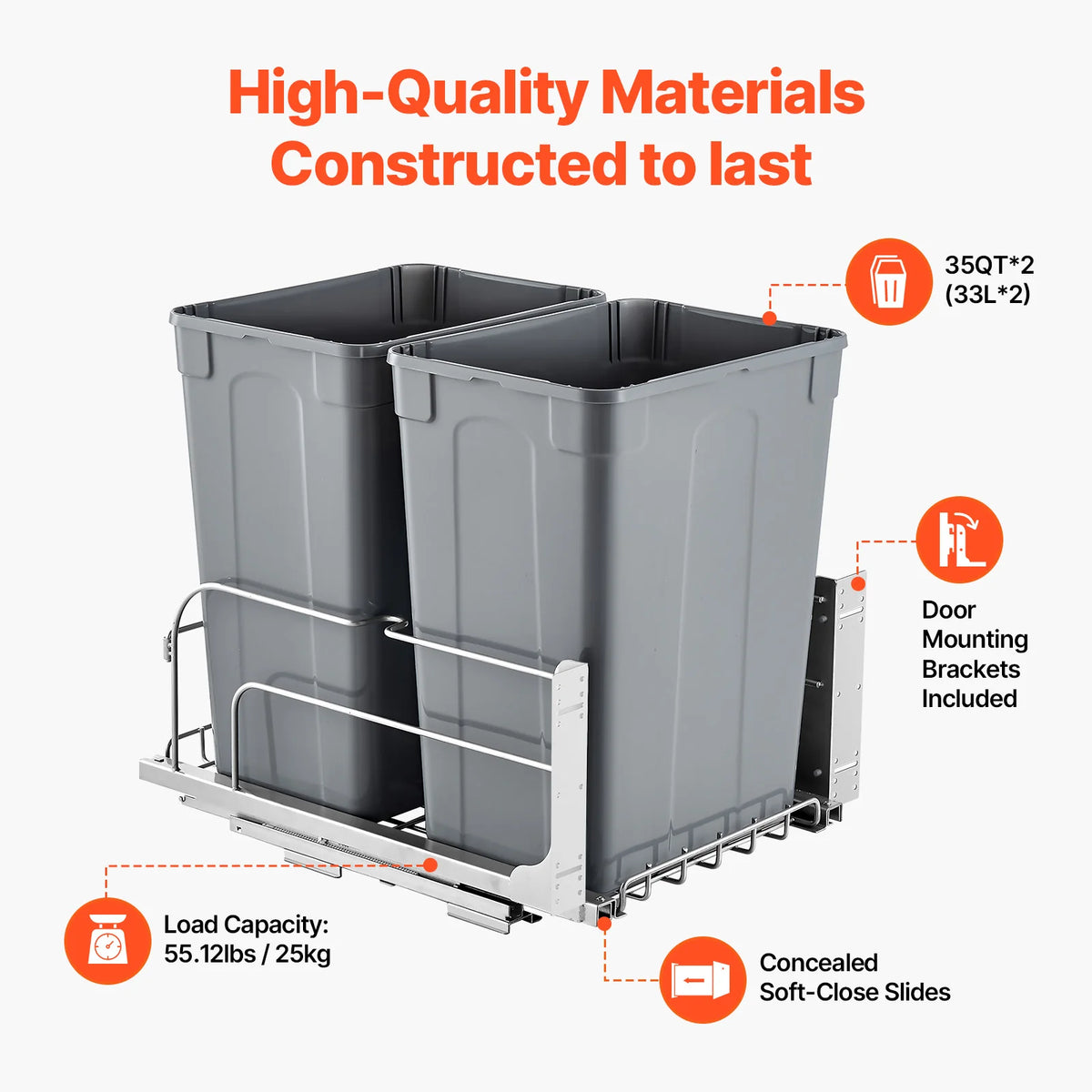 SucceBuy Pull-Out Trash Can Under Mount Waste Container HeavyDuty Garbage Recycling Bin w/ Door Kit Soft Close Slide for Cabinet