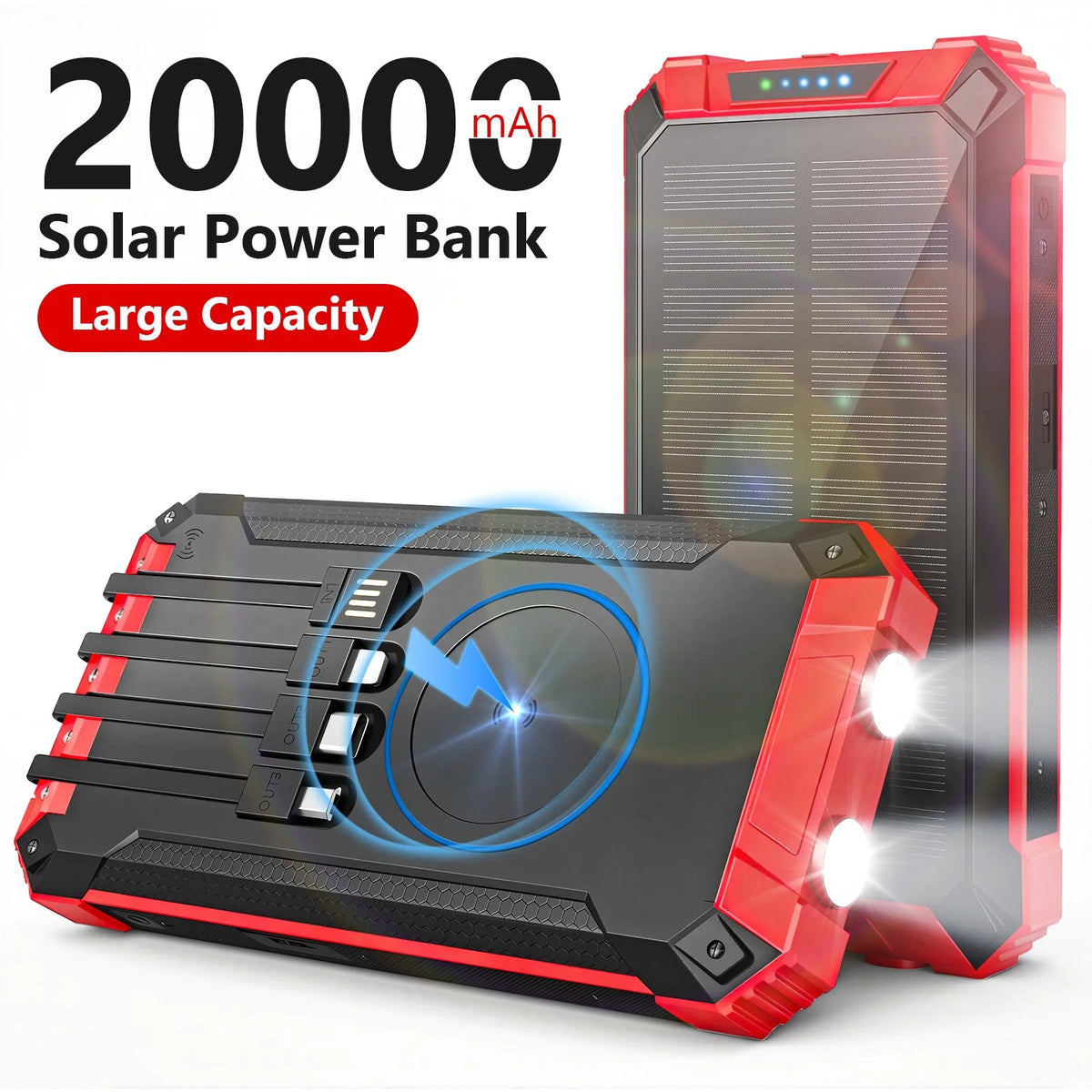 Portable 20000mAh Solar Power Bank With Four Built In Cables
