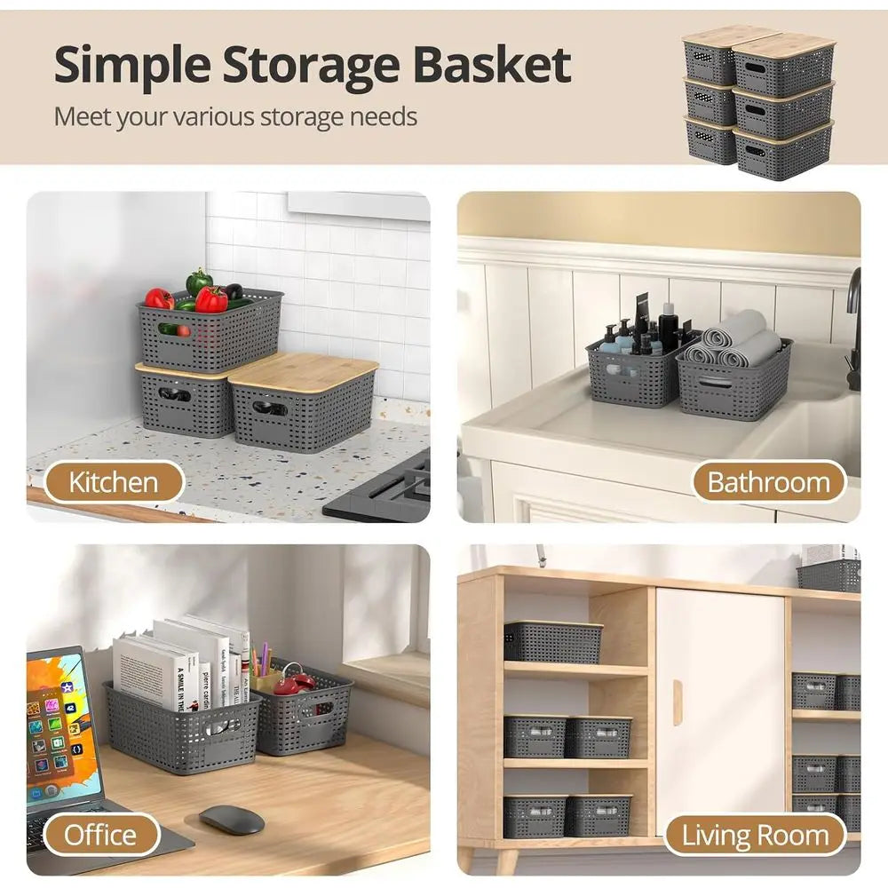 Plastic Storage Baskets With Bamboo Lids Stackable Organizer Bins