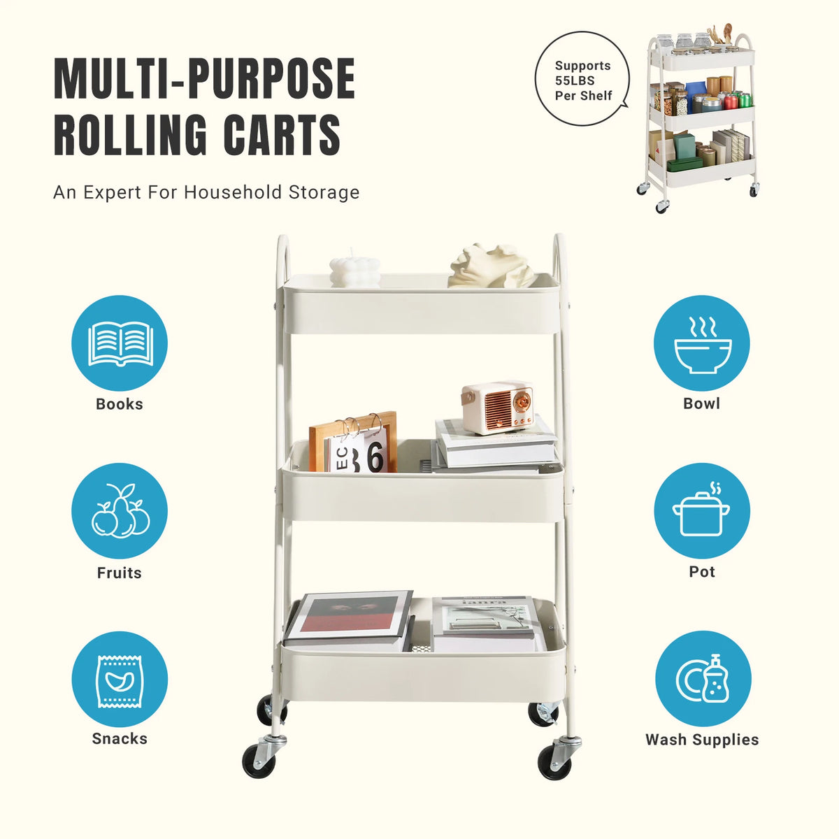 JHK Rolling Storage Cart with Lockable Wheels Mobile Kitchen Organizer