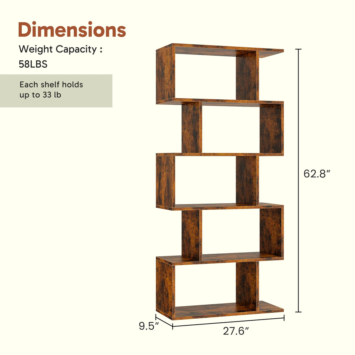 JHK Modern Five Tier S Shape Wooden Geometric Bookcase