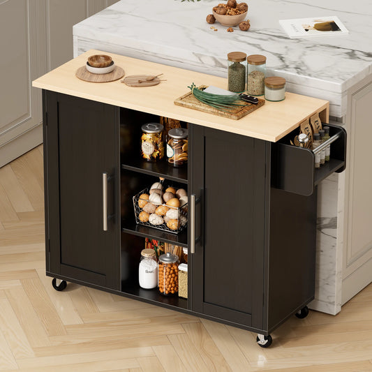 JHK Wood Rolling Kitchen Cart With Adjustable Shelves Storage Cabinet