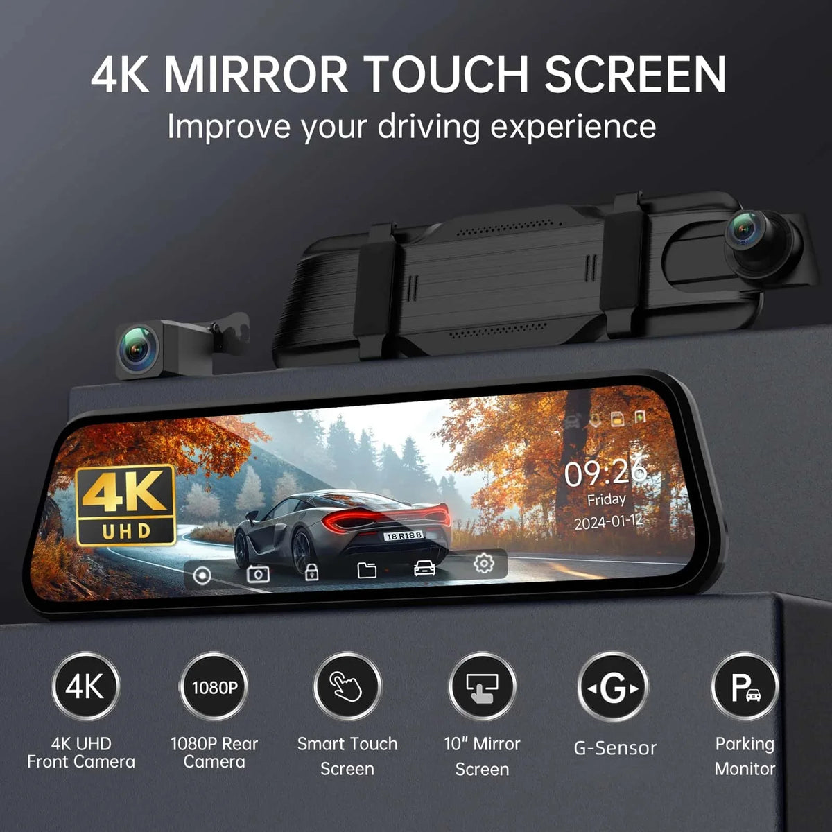 Muübaer 4K Dual Dash Cam Front And Rear View Mirror
