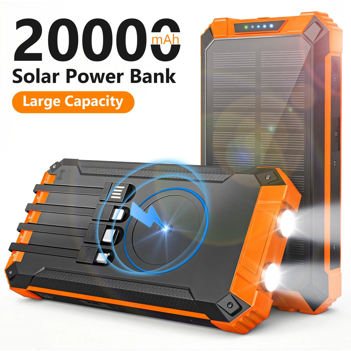Portable 20000mAh Solar Power Bank With Four Built In Cables