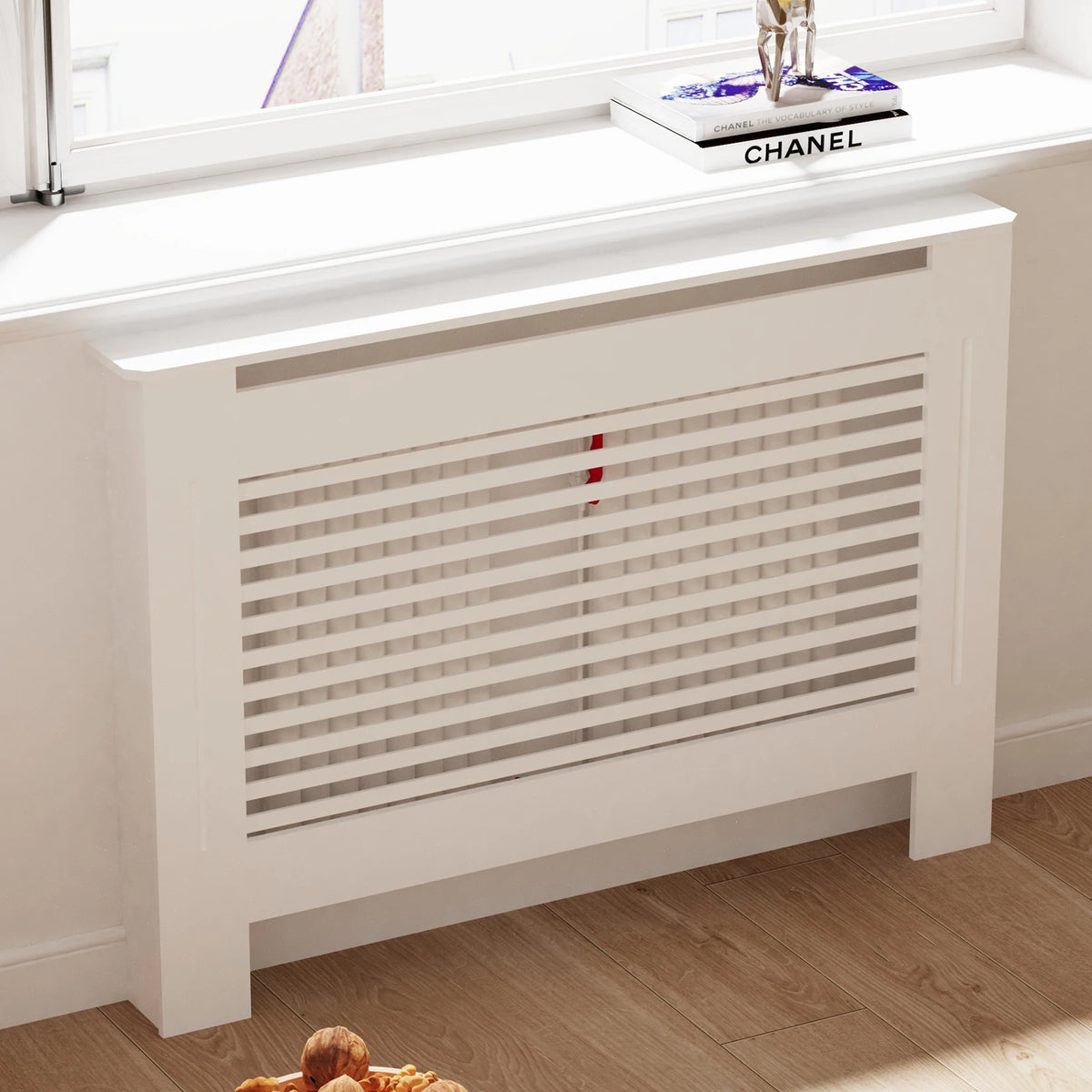 Contemporary Wooden Radiator Cover Featuring Internal Storage Shelving