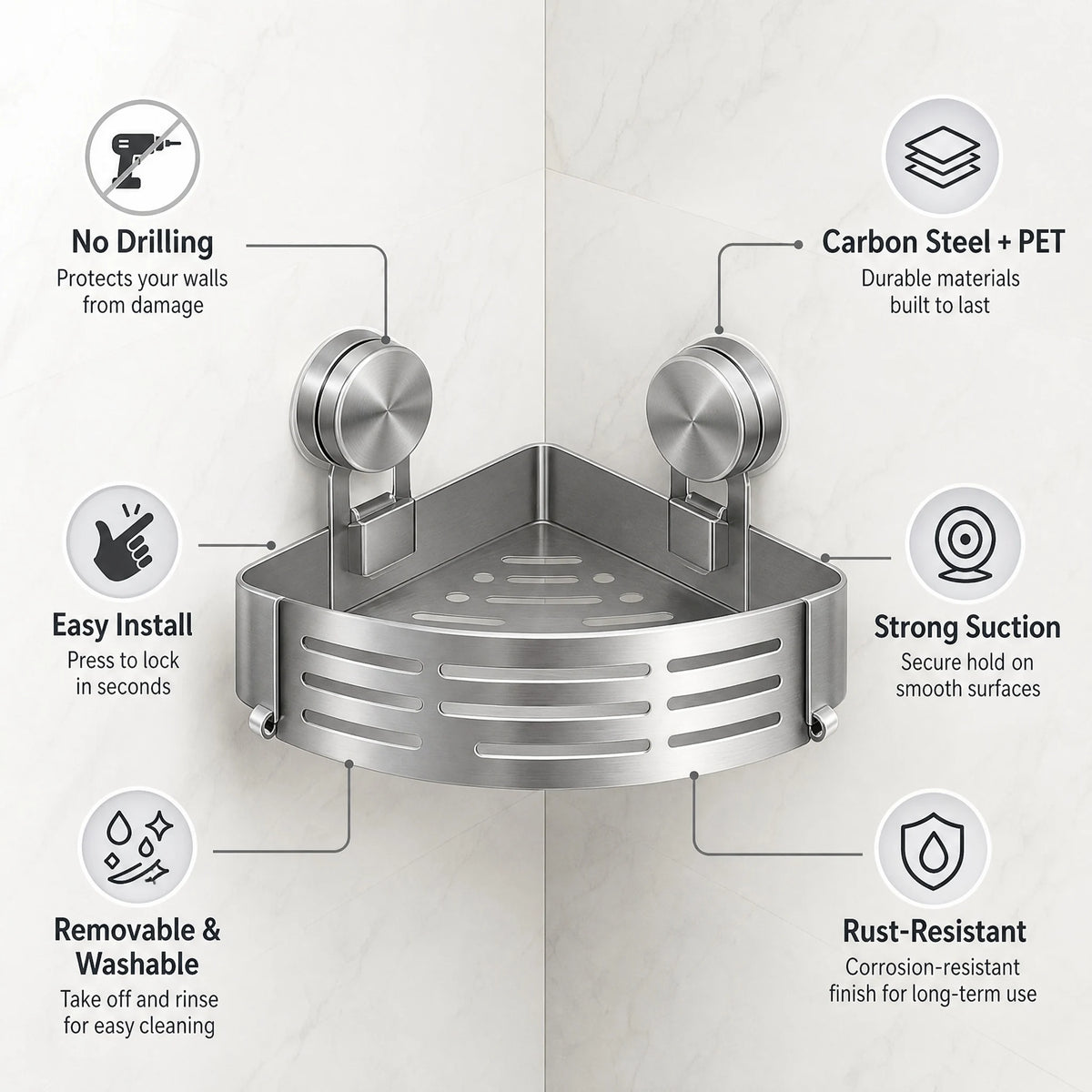 Heavy Duty Suction Corner Shower Caddy With Towel Bar