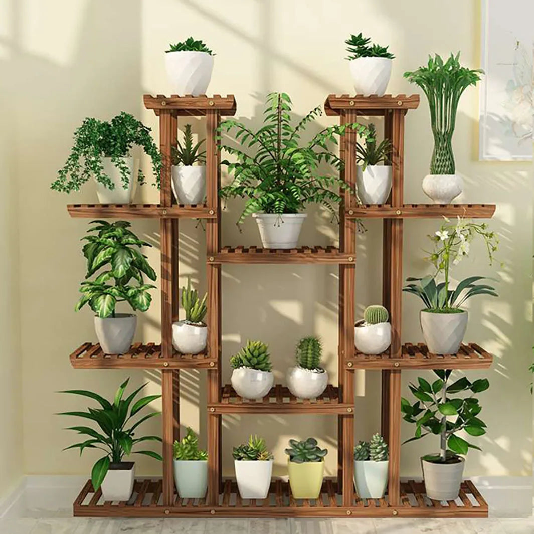 Carbonized Wood 11 Tier Plant Stand Indoor Outdoor Display Shelf