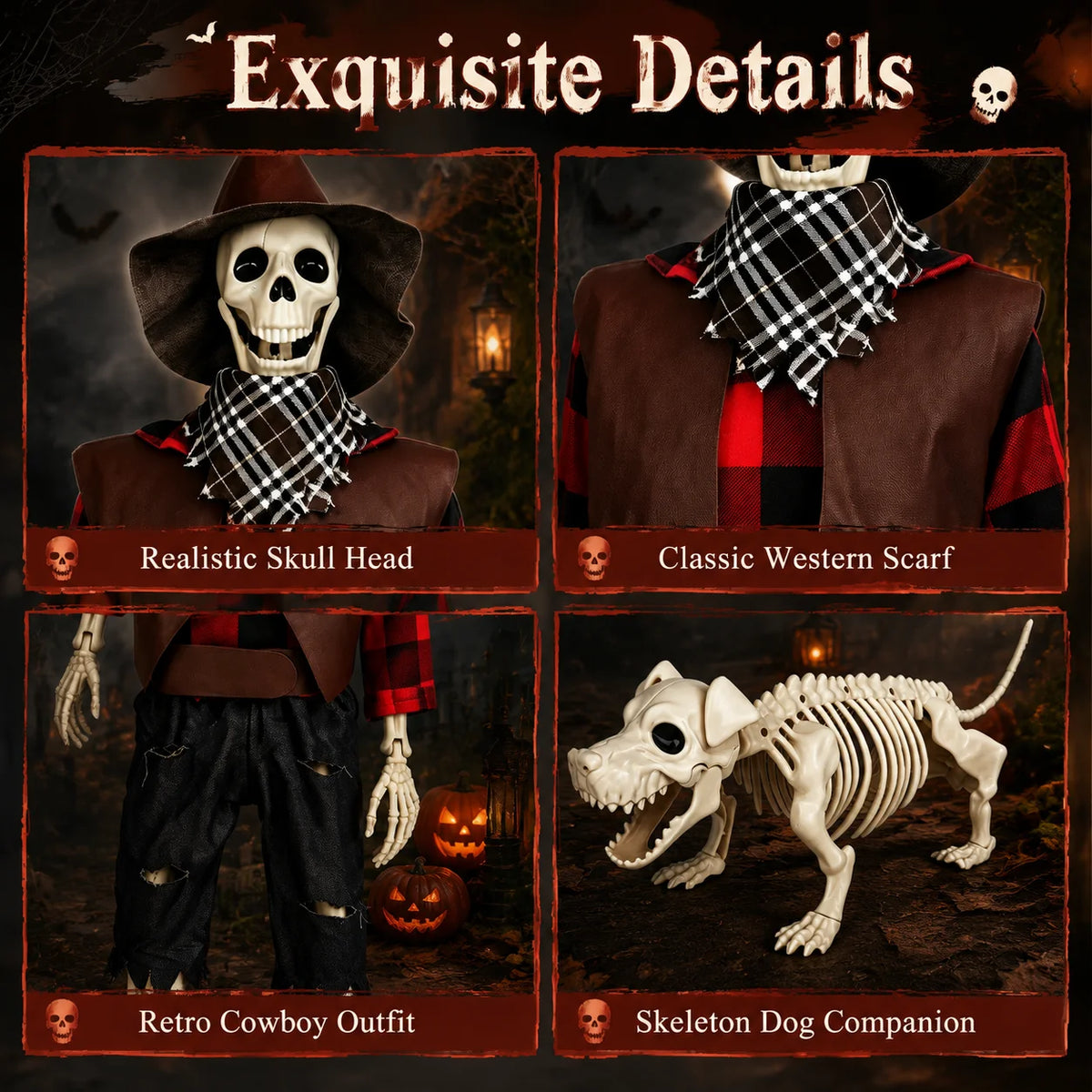 Halloween Cowboy Skeleton and Dog Posable Outdoor Decorations
