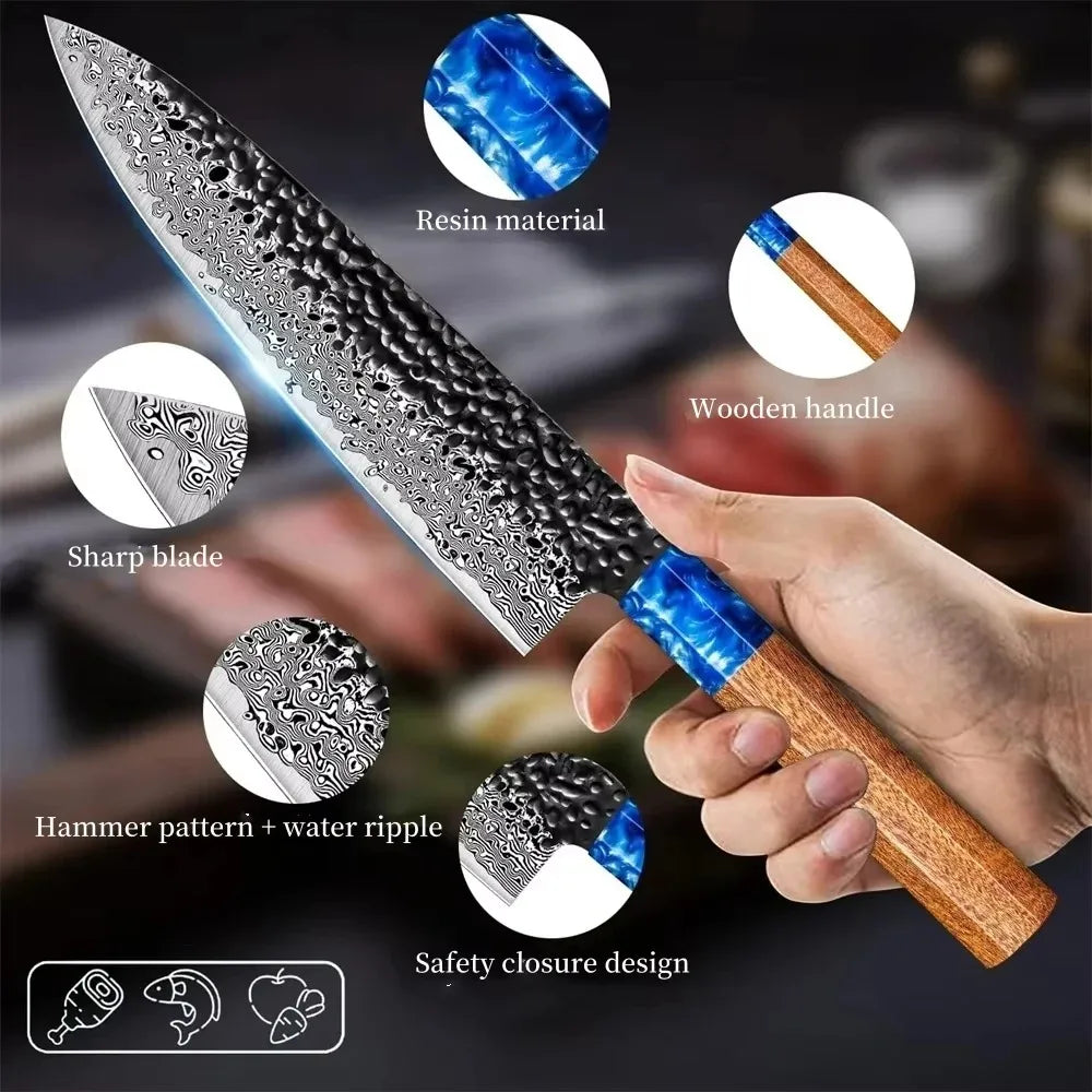 Woodfone Damascus Steel Three Piece Kitchen Knife Set Hammered Blades