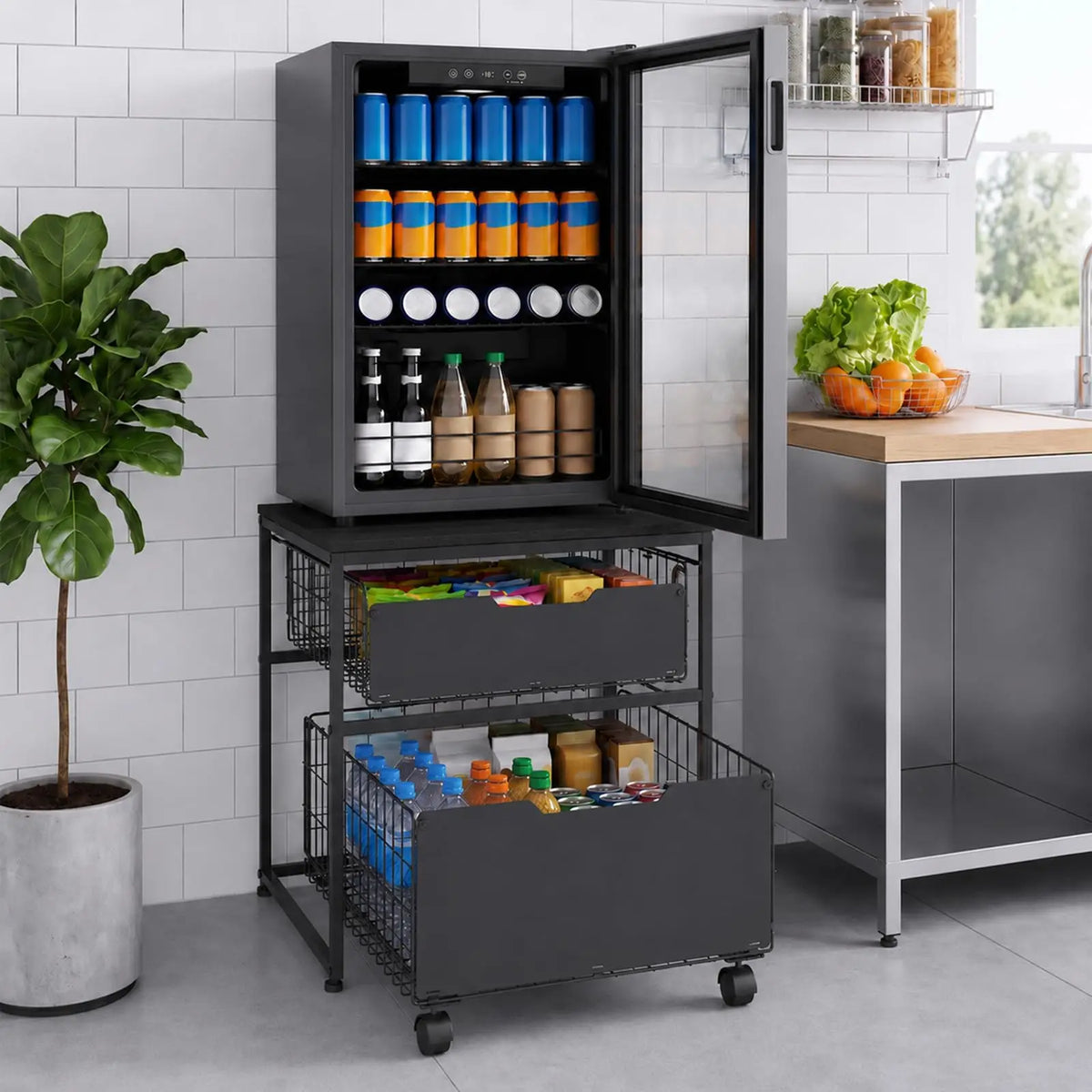 HiMISS Rolling Mini Fridge Stand With Pull Out Storage Baskets