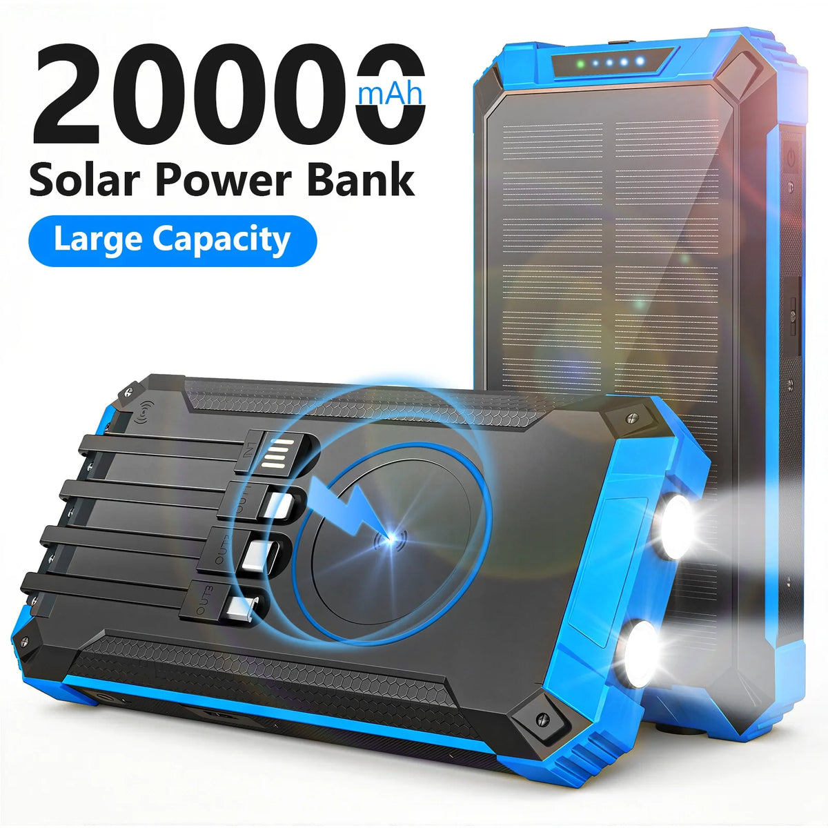 Portable 20000mAh Solar Power Bank With Four Built In Cables