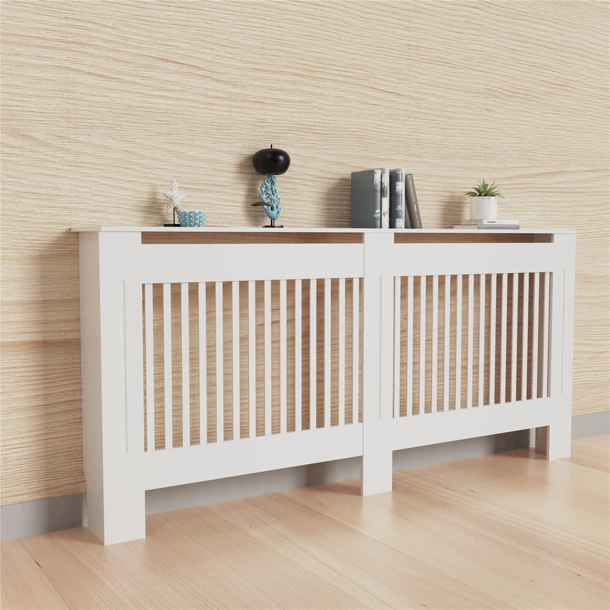 Contemporary Wooden Radiator Cover Featuring Internal Storage Shelving