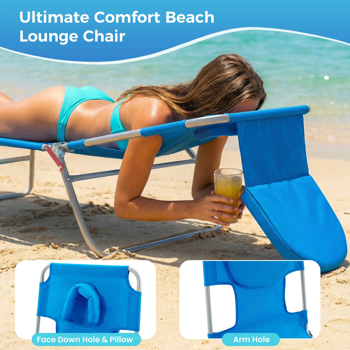 JHK Adjustable Folding Reclining Beach Lounge Chair For Patio
