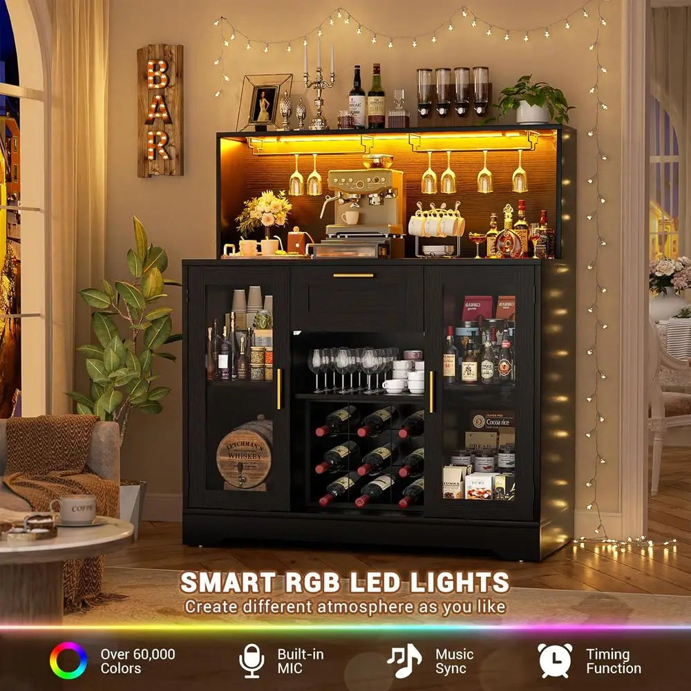 LED Wine Bar Cabinet With Glass Holder And Storage Rack