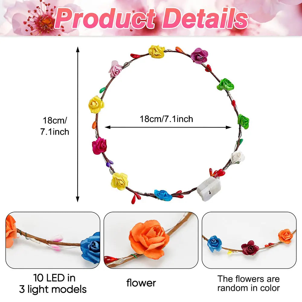 LED Light Up Paper Rose Wreath Headbands for Wedding Parties