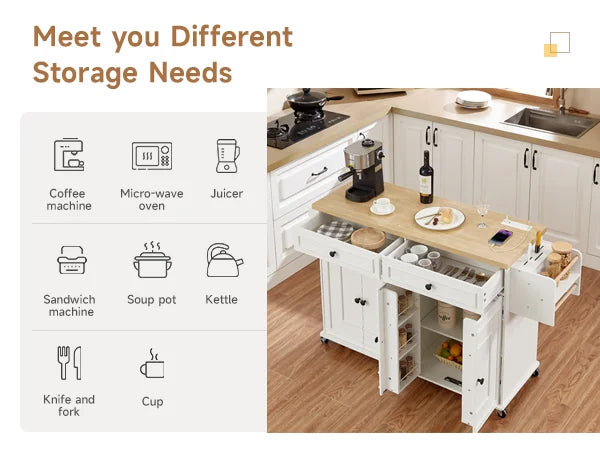Rolling Wooden Kitchen Island With Drop Leaf And Drawers