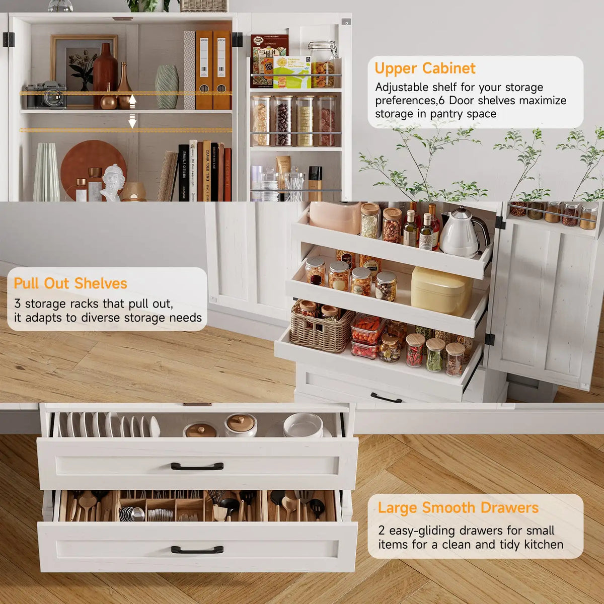 Onbrill Freestanding Kitchen Pantry Cabinet With Durable Wooden Shelves