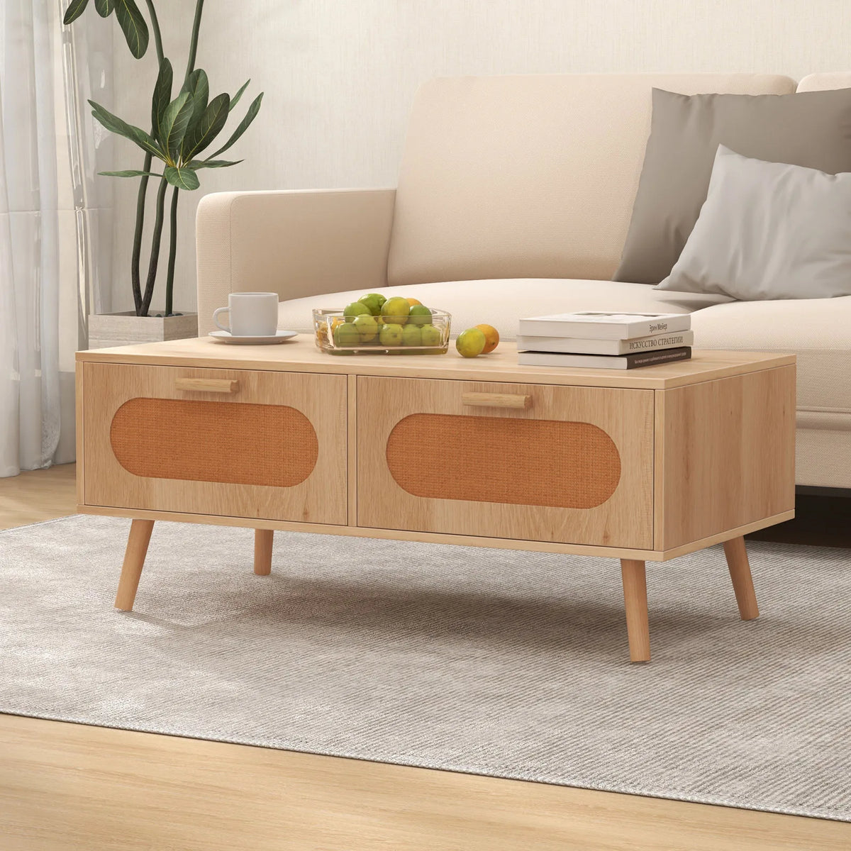 Homasis Mid Century Modern Rattan Coffee Table With Drawers