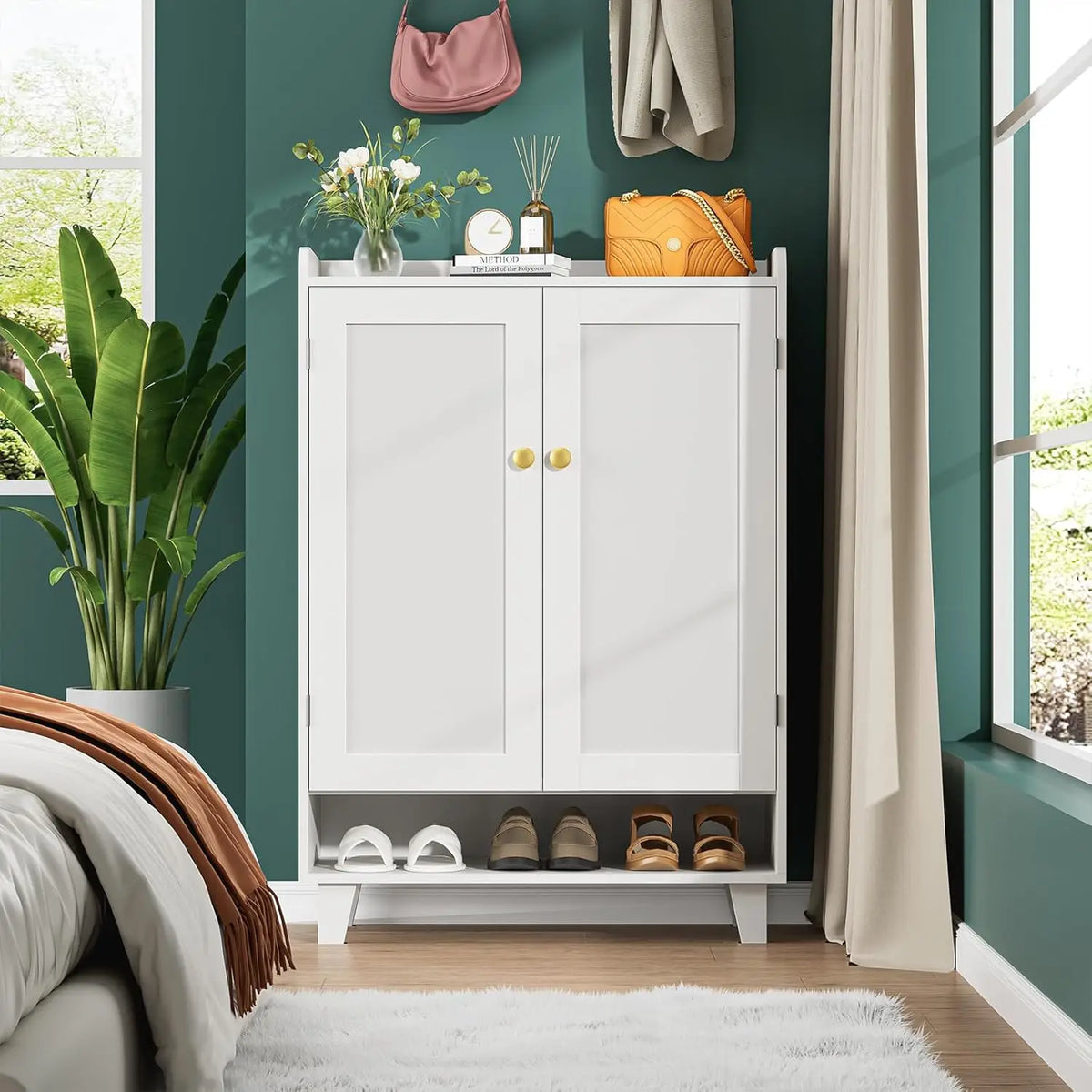 Modern Wooden Shoe Cabinet With Doors And Adjustable Shelf Storage