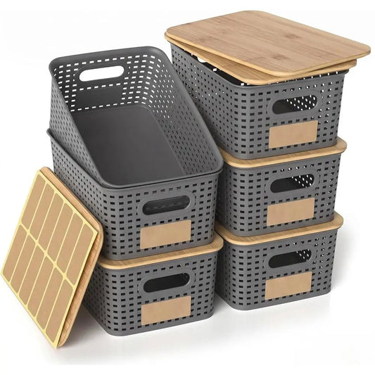 Plastic Storage Baskets With Bamboo Lids Stackable Organizer Bins