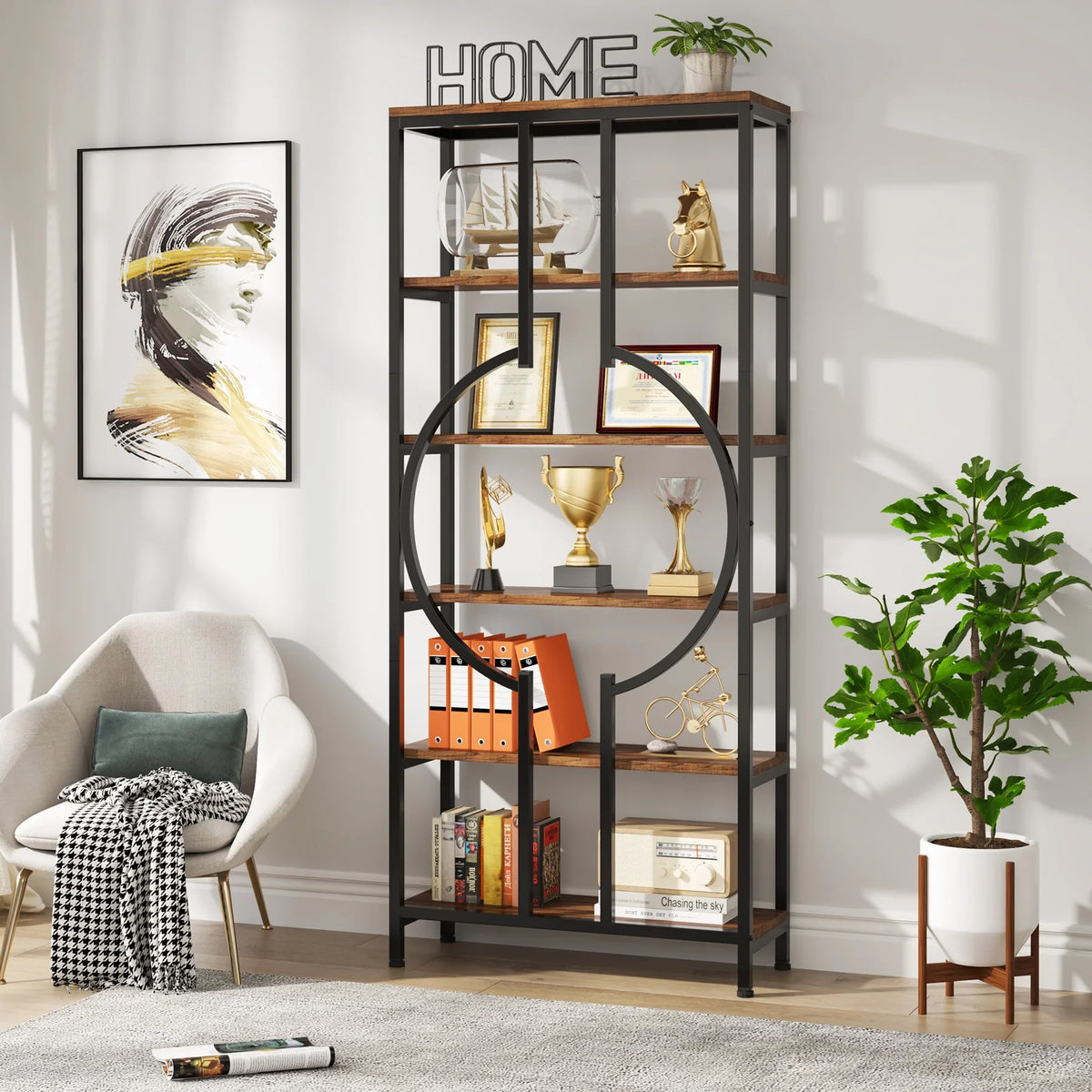 Tribesigns Industrial Library Bookcase With Metal Frame And Wood Shelves