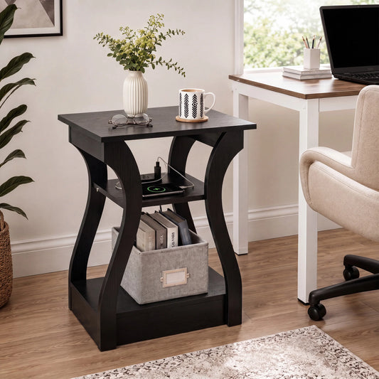 JHK Wooden Curved End Table With Integrated Charging Station