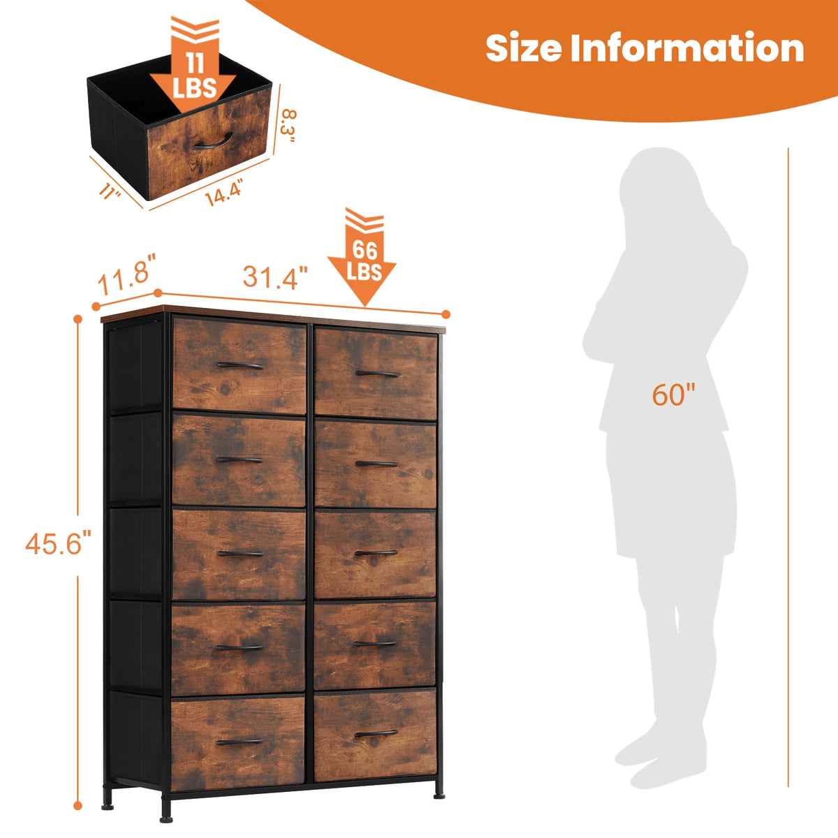 JHK Steel Frame Bedroom Dresser With Fabric Storage Drawers