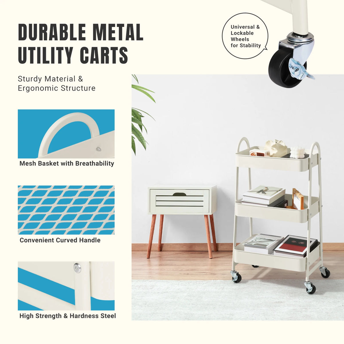JHK Rolling Storage Cart with Lockable Wheels Mobile Kitchen Organizer