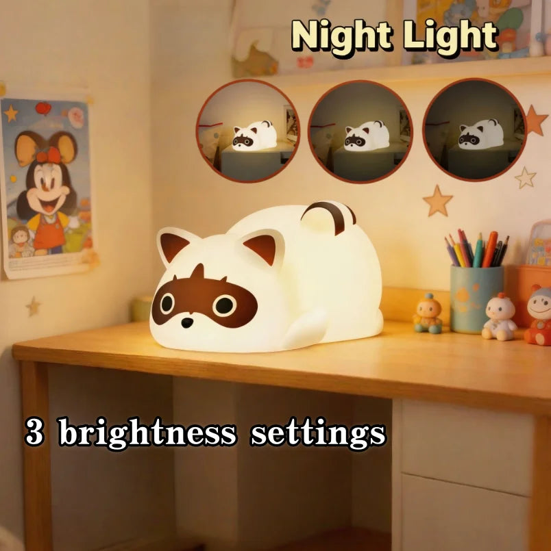Silicone Raccoon Rechargeable Touch Control Dimmable Bedside Night Light
