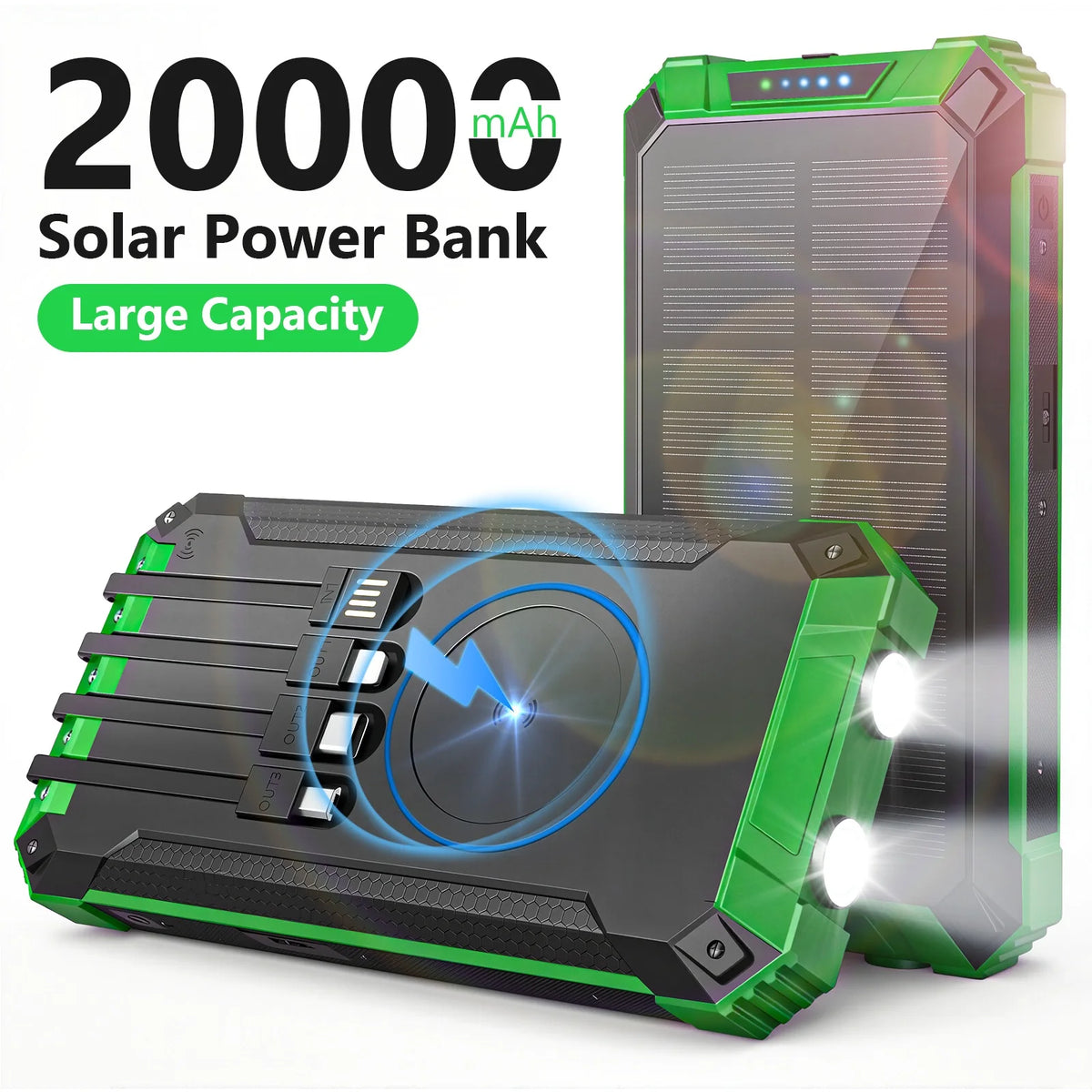 Portable 20000mAh Solar Power Bank With Four Built In Cables