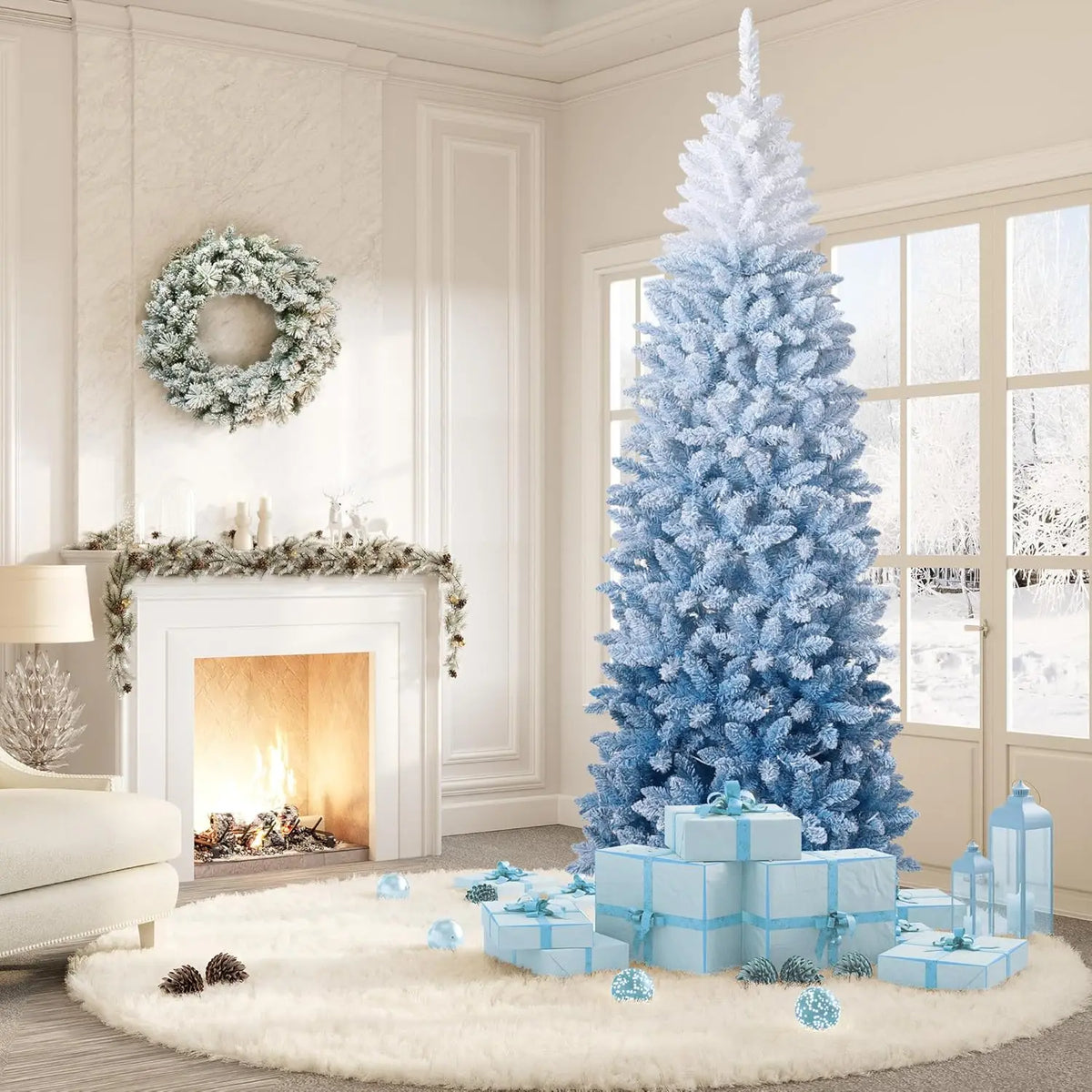 HiMISS Snow Flocked Slim Artificial Christmas Tree Holiday Decoration