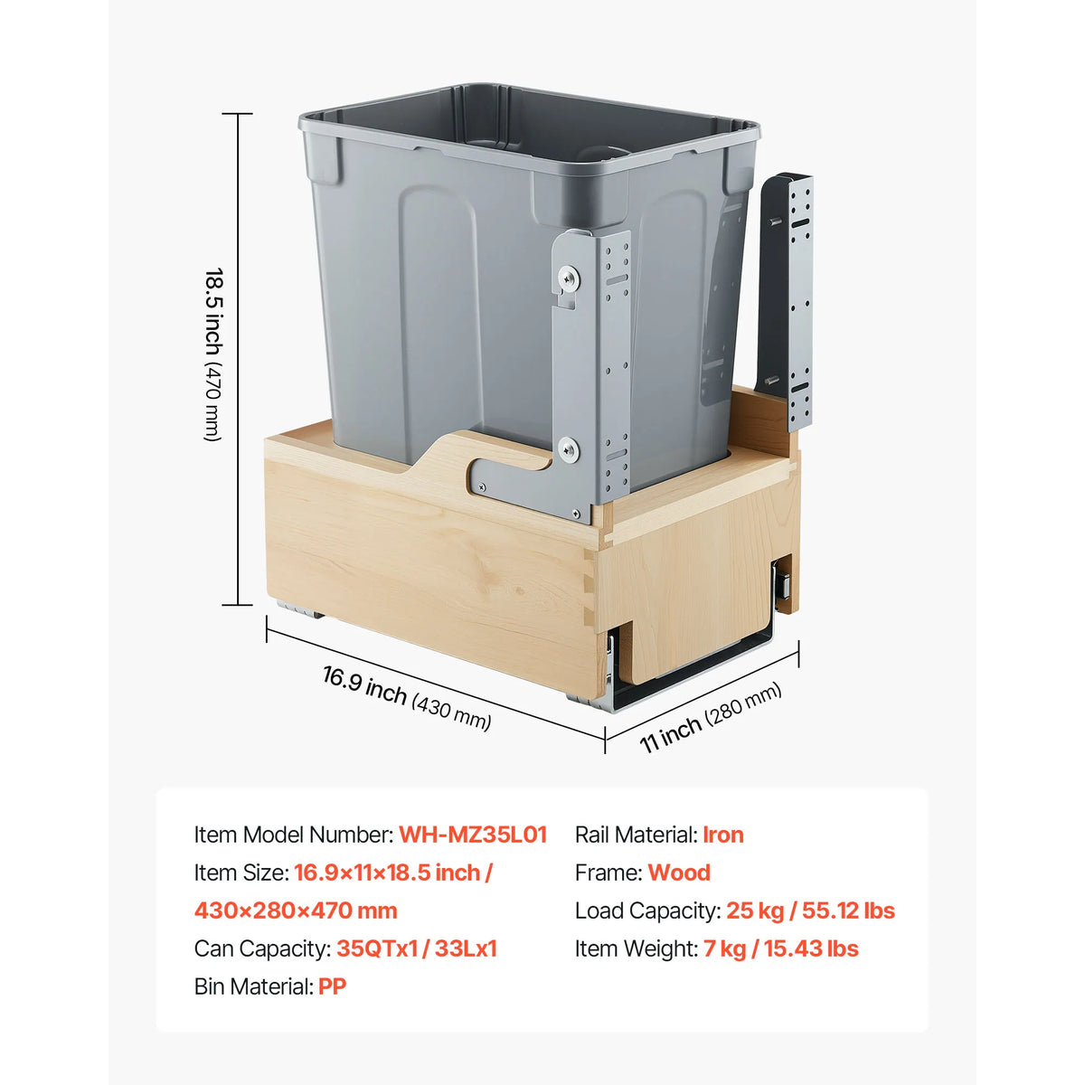 SucceBuy Pull-Out Trash Can Under Mount Waste Container HeavyDuty Garbage Recycling Bin w/ Door Kit Soft Close Slide for Cabinet
