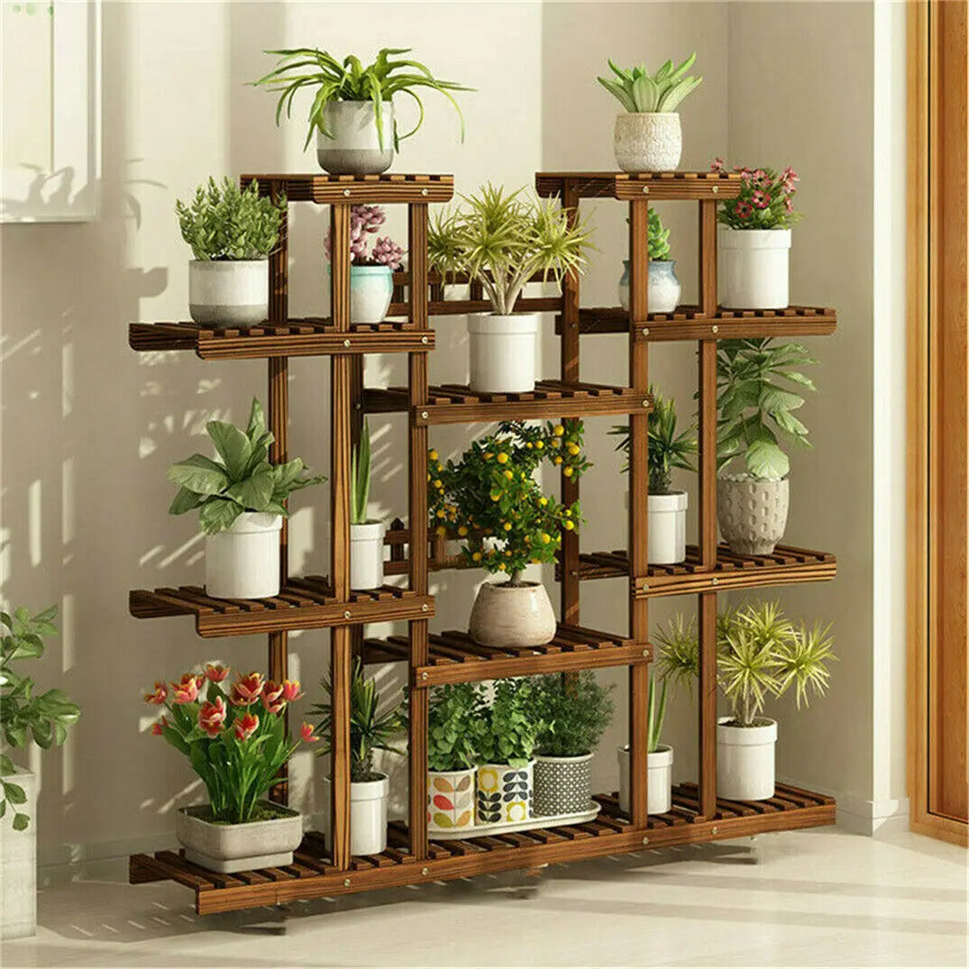 Carbonized Wood 11 Tier Plant Stand Indoor Outdoor Display Shelf