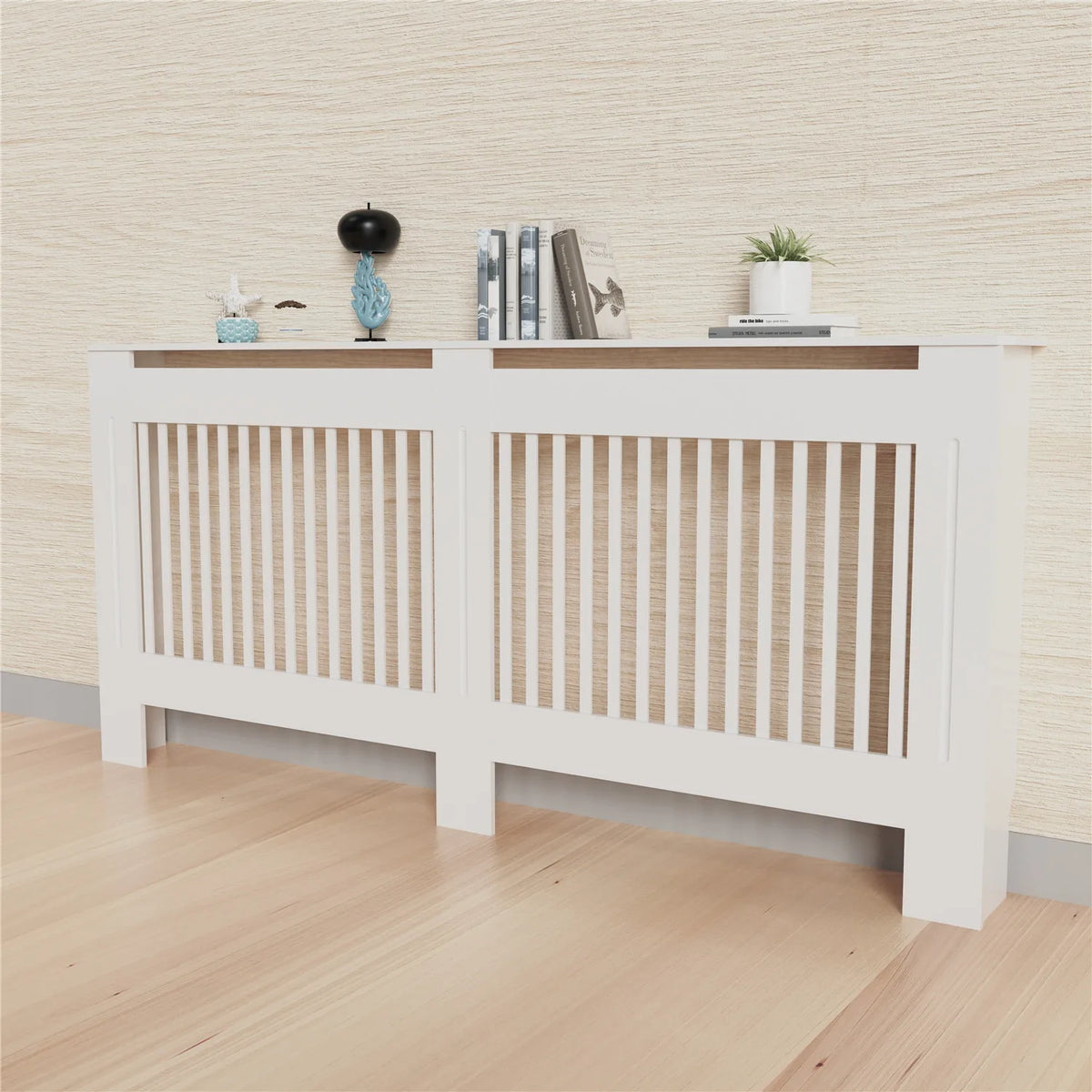 Contemporary Wooden Radiator Cover Featuring Internal Storage Shelving