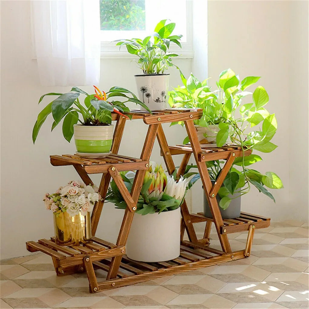 6 Tiered Carbonized Wood Corner Plant Stand Display Rack
