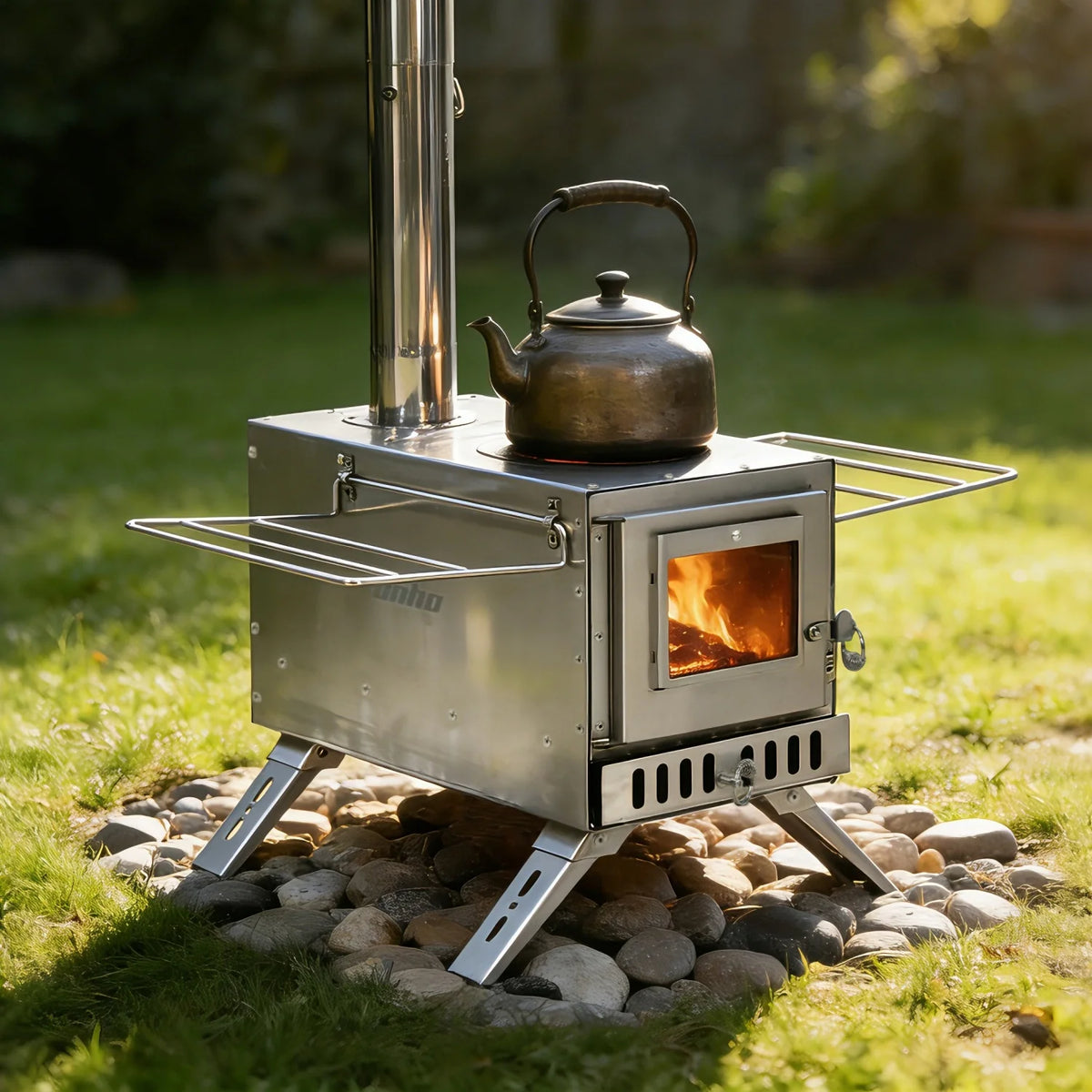 Portable Stainless Steel Wood Burning Stove With Seven Chimney Pipes