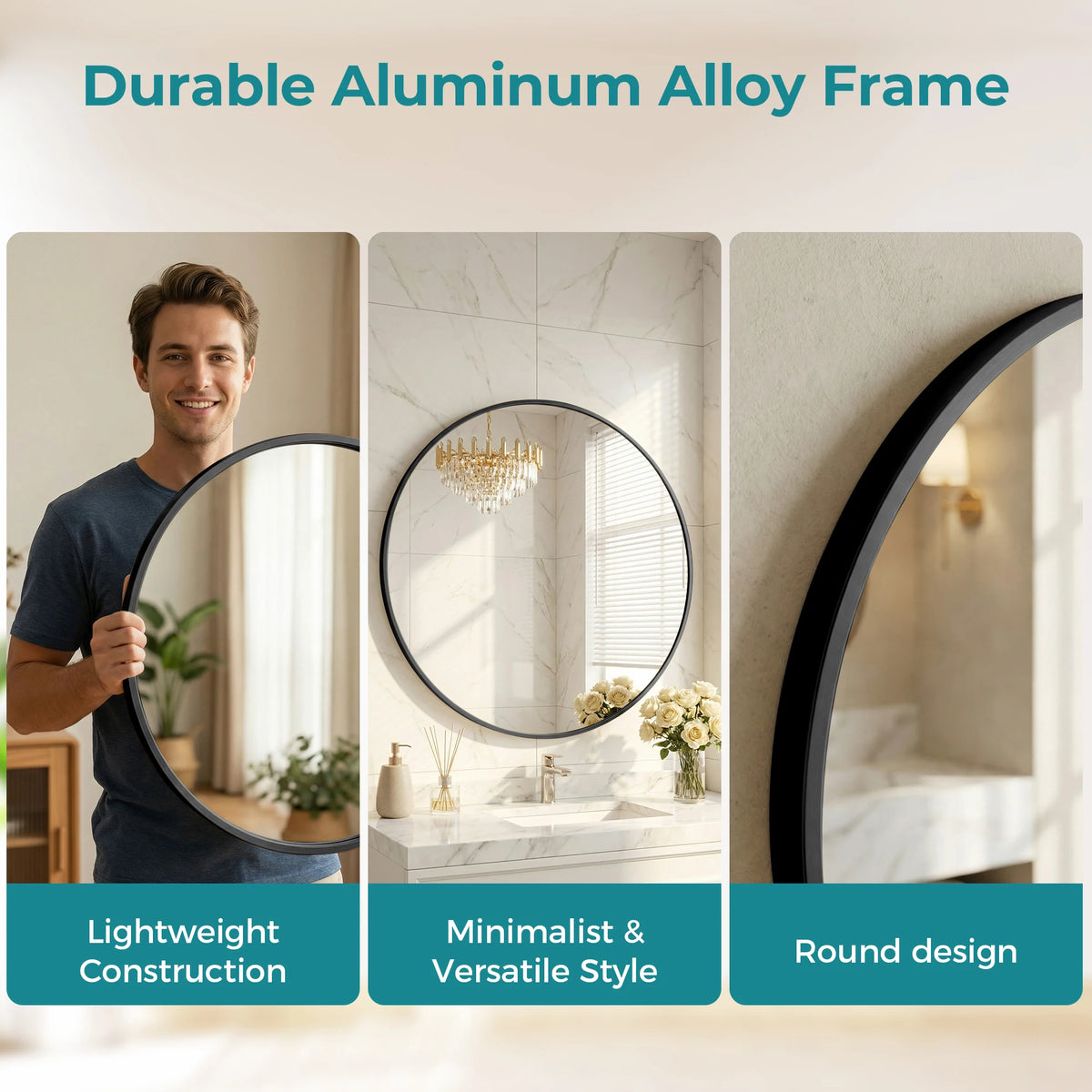 JHK Round Wall Mirror Tempered Glass Waterproof Decorative Design
