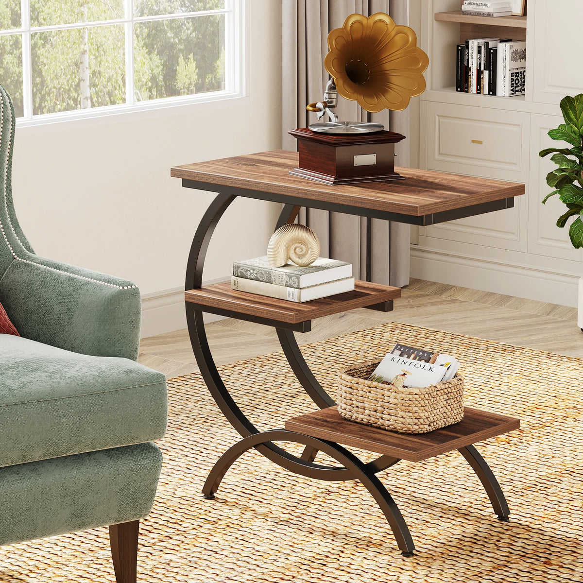 Tribesigns Industrial C Shaped End Table With Open Storage Shelf