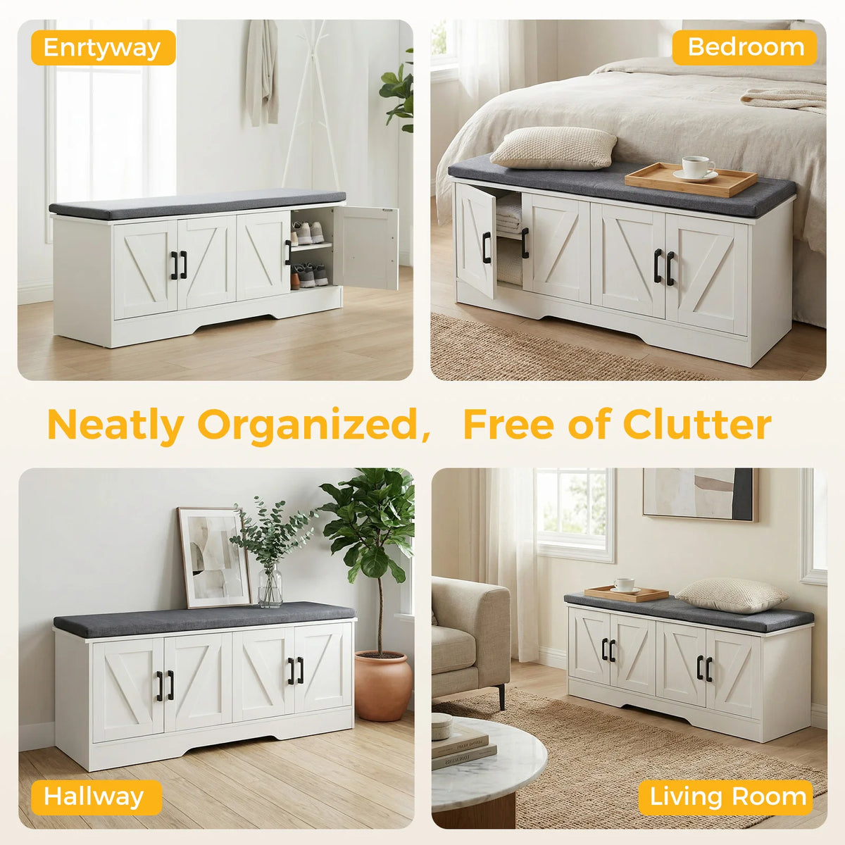 JHK Padded Storage Bench For Entryway With Shoe Organizer