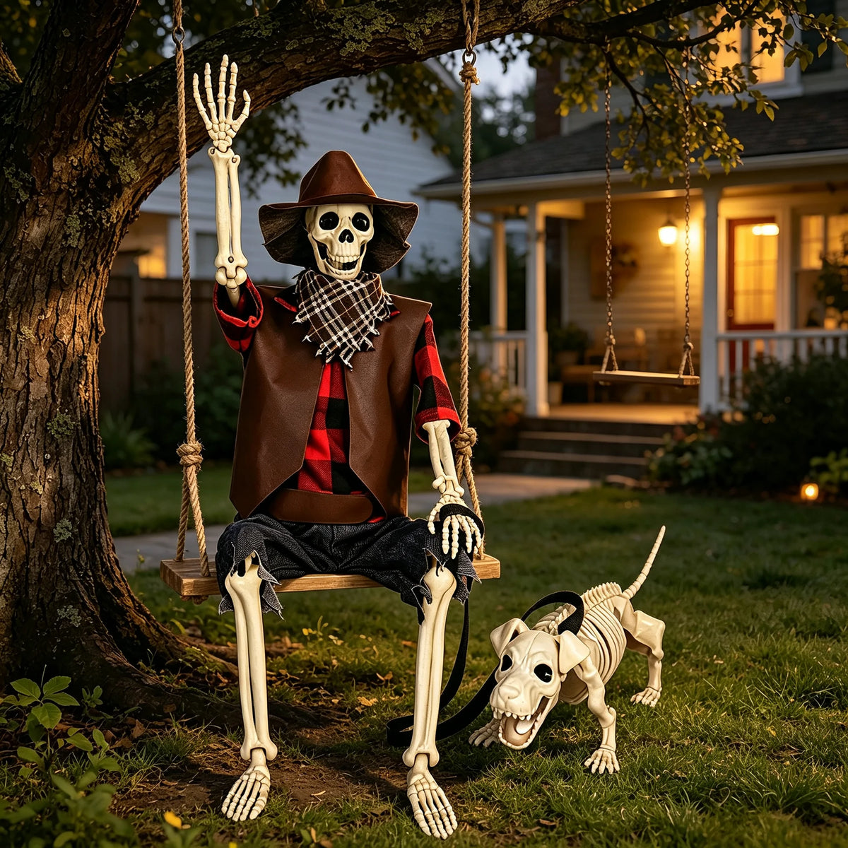 Halloween Cowboy Skeleton and Dog Posable Outdoor Decorations