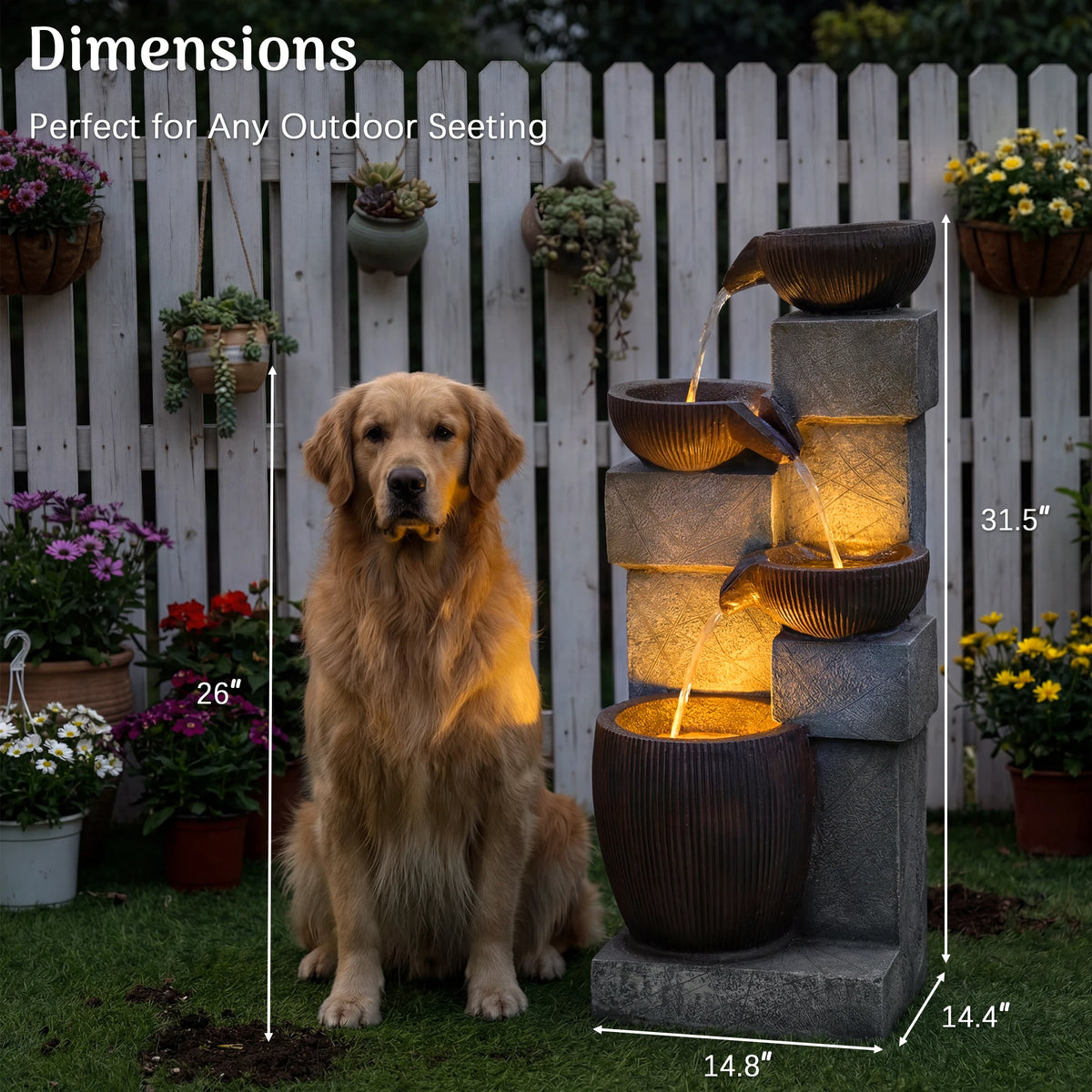 Cascading LED Water Fountain With Weather Resistant Resin Design
