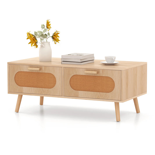Homasis Mid Century Modern Rattan Coffee Table With Drawers