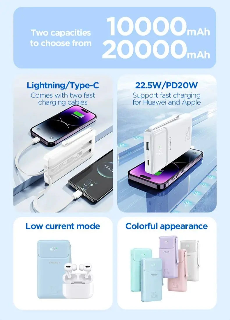 Pisen Portable Charger With Built In Cables and Battery Display