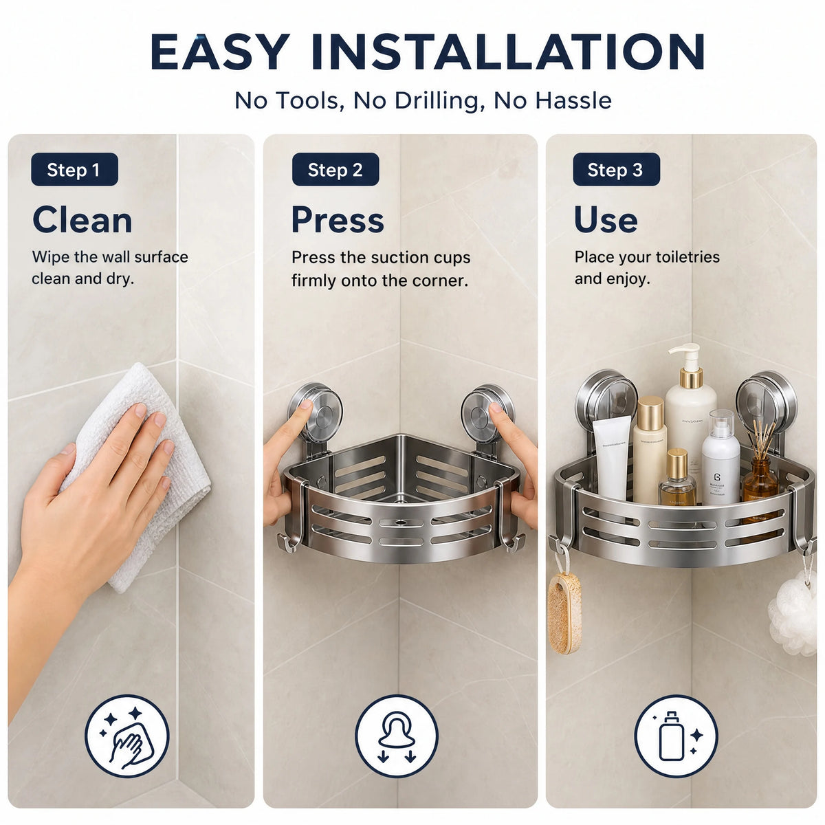 Heavy Duty Suction Corner Shower Caddy With Towel Bar