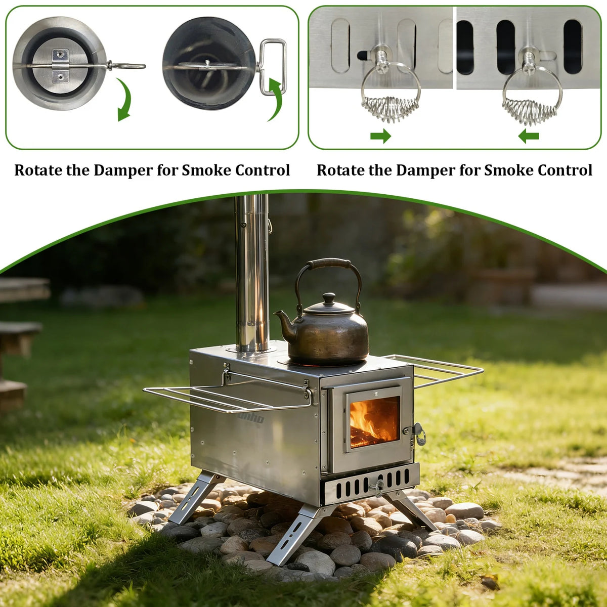 Portable Stainless Steel Wood Burning Stove With Seven Chimney Pipes