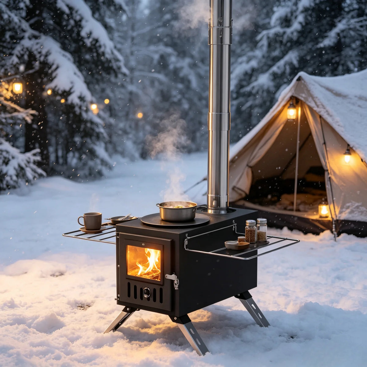 Portable Stainless Steel Wood Burning Stove With Seven Chimney Pipes